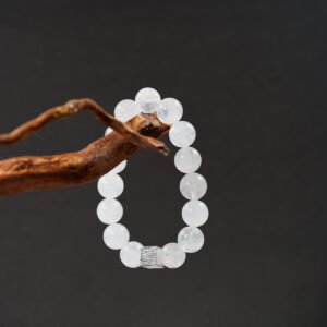 Sacred Identity Bracelet – White Phantom Quartz + Silver Fingerprint Charm | 12mm Soul-Clearing Beads with Personal Energy Signature - 图片 1