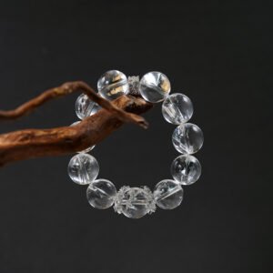 Moonfrost Bracelet – 16mm Ice-Crack Azeztulite with Silver Blossom Charms | Cosmic Winter Elegance - 图片 1