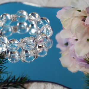 Moonfrost Bracelet – 16mm Ice-Crack Azeztulite with Silver Blossom Charms | Cosmic Winter Elegance - 图片 2