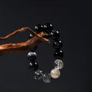 Titan's Shield Bracelet – Multi-Layer Phantom Quartz & Obsidian | 15.5mm Mega Beads for Ultimate Psychic Defense - 图片 1